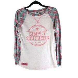 Simply Southern Long Sleeve Raglan Shirt  White Pink Blue Floral Graphic Print M